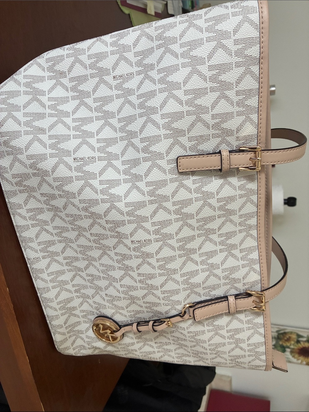 Michael Kors White & Beige Logo Tote with Gold Hardware
